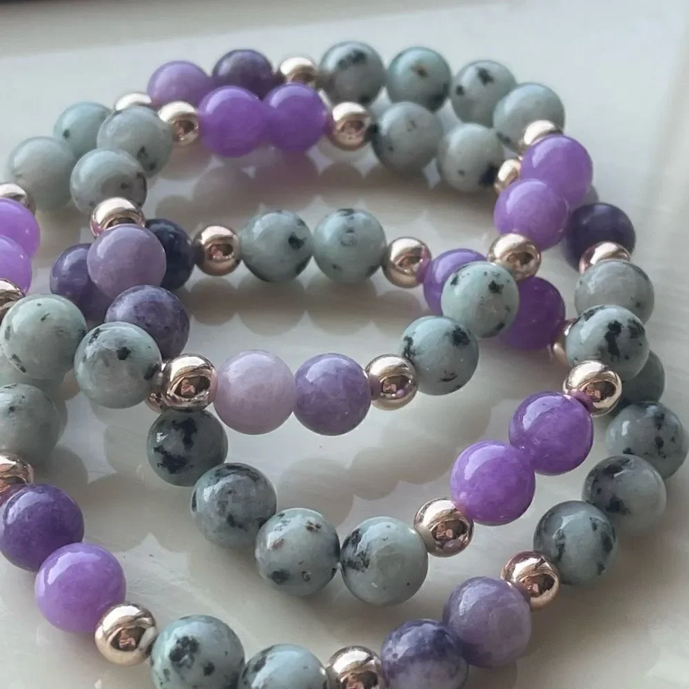Lepidolite kiwi jasper rose gold tone ONE NEW stretch bracelet crystal stone med